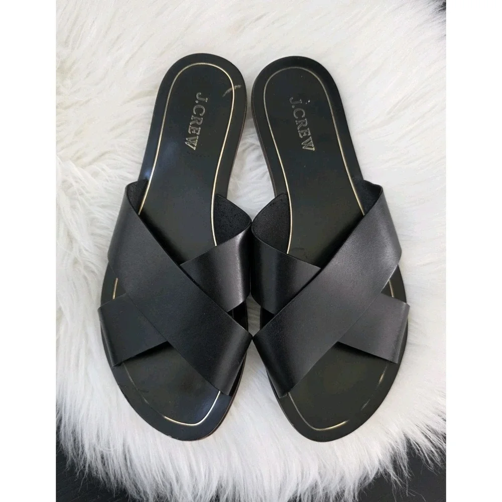 J. Crew Cypress Criss Cross Sandals Slides Women's size 9 Black Leather